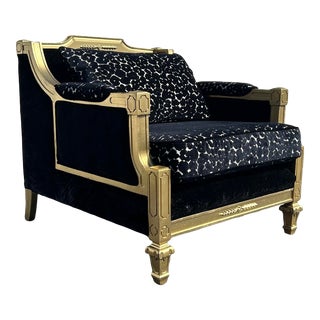 Wood-Framed Cheetah Pattern Lounge Chair in Velvet - Black and Gold For Sale