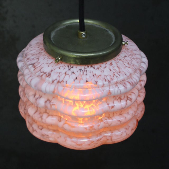 1930s Art Deco French Pink Reeded Glass Clichy Pendant Lamp For Sale - Image 5 of 7