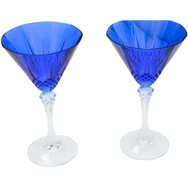 Mid-Century Modern Vintage Blue Crystal-Cut Flutes, S/2 For Sale - Image 3 of 6