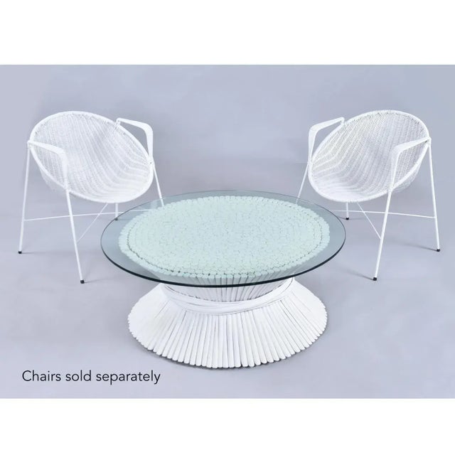 White McGuire Coastal White Rattan Wheat Sheaf Coffee Table With Round Glass For Sale - Image 8 of 13