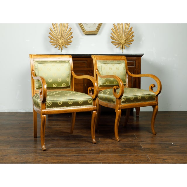 Wood Pair of English 1830s Regency Walnut Upholstered Armchairs with Scrolling Arms For Sale - Image 7 of 10
