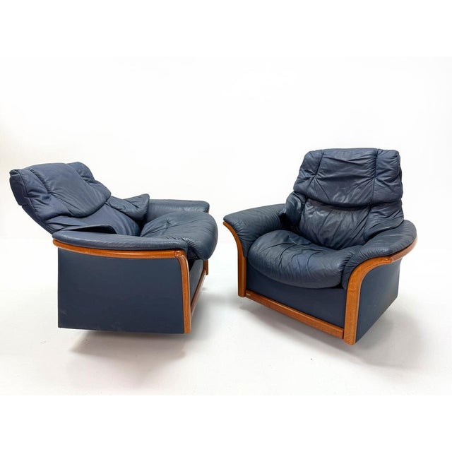 Vintage Adjustable Swivel Chairs in Blue Leather and Beech from Ekornes Stressless, 1980s, Set of 2 For Sale - Image 16 of 17