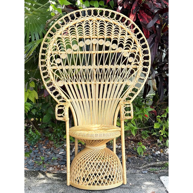 Large Woven Wicker, Reed, Rattan Peacock Emmanuelle Chair Offered for sale is a lovely late 20th-century rattan hand-woven...