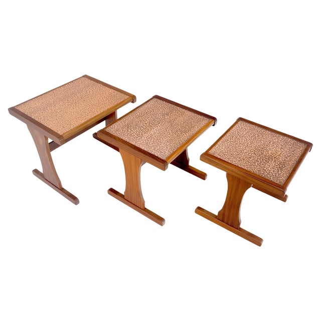 Hammered Copper Top & Teak Set of 3 Nesting Side End Tales Stands Danish MINT For Sale - Image 9 of 16