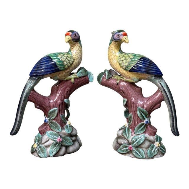 Remarkable pair of vintage Chinese porcelain bird figurines, circa mid-20th century, possibly depicting peacocks,...