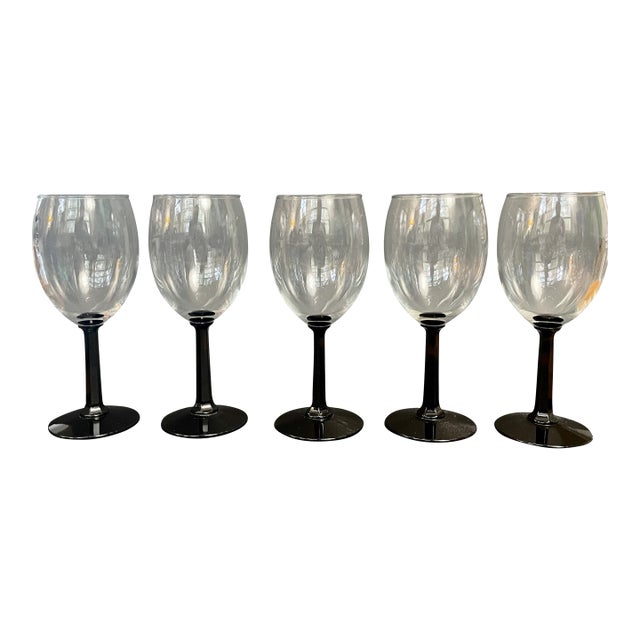 Vintage Black Stem Wine Glasses – Crystal D’Arques France Hexagon Barware - Set of 5 For Sale