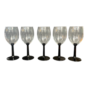 Vintage Black Stem Wine Glasses – Crystal D’Arques France Hexagon Barware - Set of 5