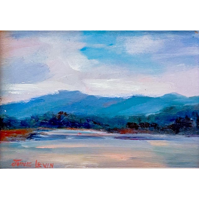 Blue Late 20th Century June Levin Small Oil Painting on Board, Signed, Framed For Sale - Image 8 of 8