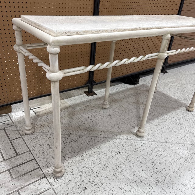 Mid-Century Modern Vintage Off White Wrought Iron Console Table Travertine Stone Top Hollywood Regency For Sale - Image 3 of 7