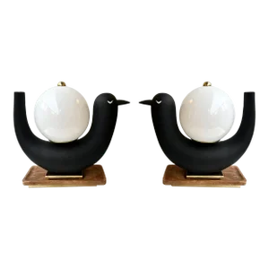 Contemporary Pair of Bird Lamps Opaline Murano Glass Brass and Wood, Italy