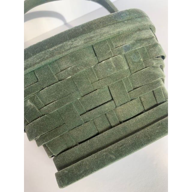 Vintage Early Twentieth Century Decorative Green Velveteen Flocked Woven Wood ‘Easter’ Basket For Sale - Image 4 of 12