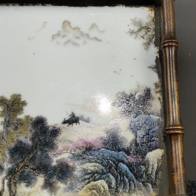 Vintage Rosewood Bamboo-Form Frame & Porcelain Landscape Tea Tray For Sale - Image 4 of 9