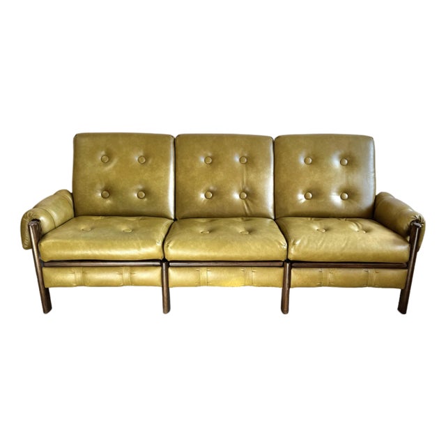 Vintage Olive Colored Vinyl and Walnut Three Seater Sofa For Sale