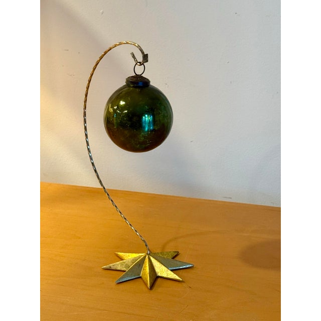 Glass Vintage German Large Glass Hanging Ball Ornament on Gold Star Stand For Sale - Image 7 of 7