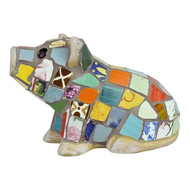 Handcrafted Multicore Reclaimed Ceramic Pieces Mosaic Pig Garden Outdoor Figurine For Sale