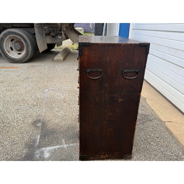 Campaign Vintage Antique Pine Campaign Chest With Iron Hardware For Sale - Image 3 of 12