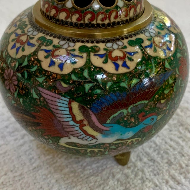 Vintage Chinese Cloisonné Covered Jar or Incense Pot, Phoenix Motif, Hand-Enameled Brass For Sale - Image 9 of 9