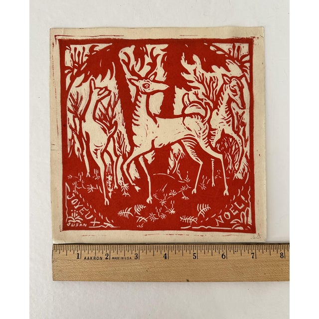 1960s Susan Willard Flint Linocut Print – Red Reindeer on Paper For Sale - Image 4 of 8