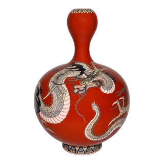 Japanese Cloisonne Enamel Red Gourd Shaped Dragon Vase Meiji For Sale