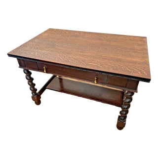 Antique Barley-Twist Tiger Oak Library Desk Writing Table Jacobean Revival Shelf For Sale