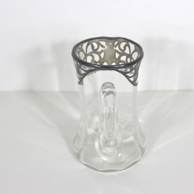 1920s 1920s Art Nouveau Glass Pitcher With Silver Overlay Bar Cocktail Pitcher Silver Rim For Sale - Image 5 of 10