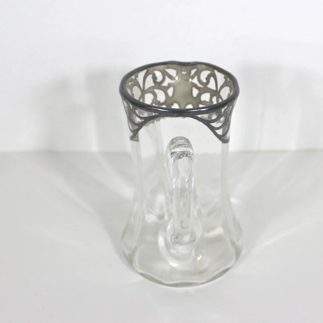 1920s Vintage Art Nouveau Glass Pitcher With Silver Overlay Bar Cocktail Pitcher Silver Rim For Sale - Image 5 of 10