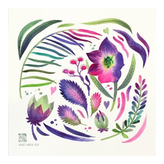 Bellflower - Colorful Abstract Floral Painting on Paper Original Artwork by Xiao Wen Xu For Sale