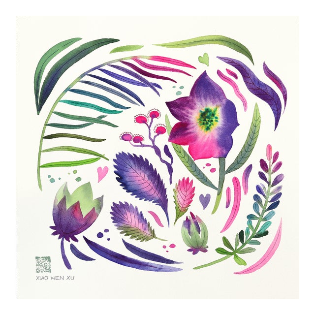 Bellflower - Colorful Abstract Floral Painting on Paper Original Artwork by Xiao Wen Xu For Sale