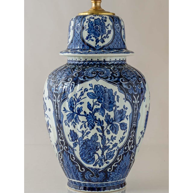 Blue Boch Frères Large Delft Blue Table Lamps, New Red Velvet Shades, Set of 2 For Sale - Image 8 of 13
