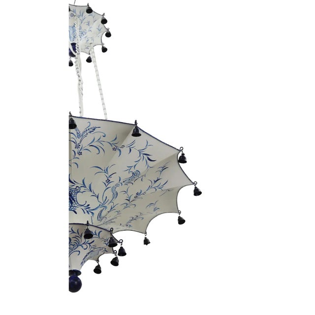 Vintage Two Tiers Upside Down Umbrella Ceiling Chandelier With Bells, White/ Blue in Arabasic Design Style For Sale - Image 4 of 9