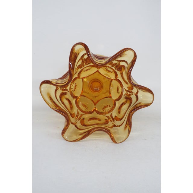 L E Smith Glass Moon and Stars Amber Pedestal Ruffle Compote Dish 5600b For Sale - Image 12 of 12