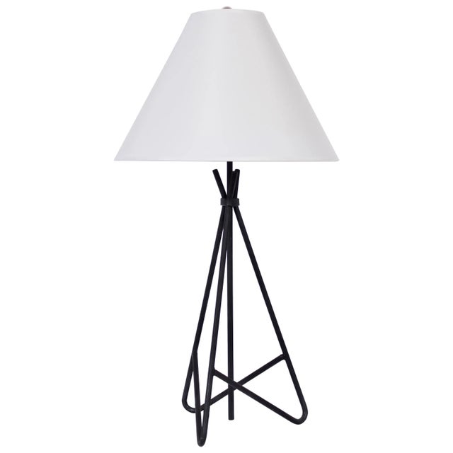 Tall geometric Modern black iron table lamp attributed to Yasha Heifetz. Featuring an open, architectural welded, clasped...