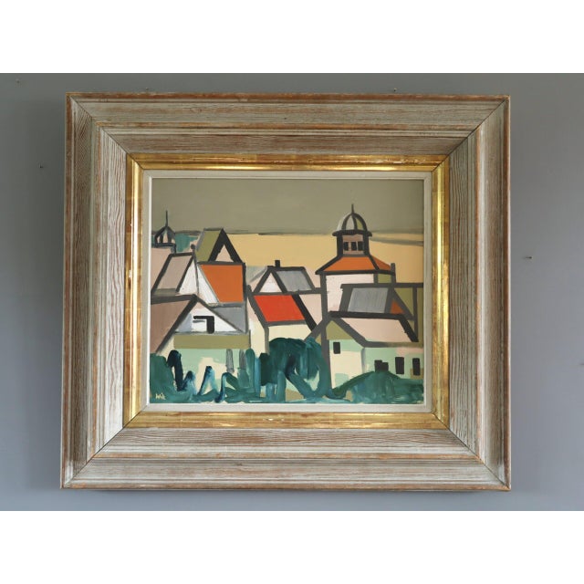 WHERE HOUSES GATHER Size: 24.8 x 28 inches (including frame) Oil on board A charming mid-century composition that depicts...