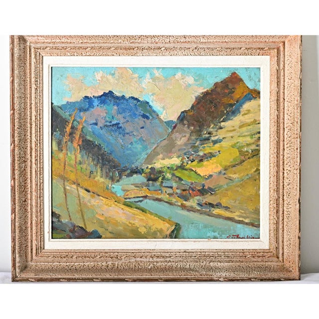 Modern French Vintage Framed Mountain Landscape Painting For Sale - Image 3 of 9