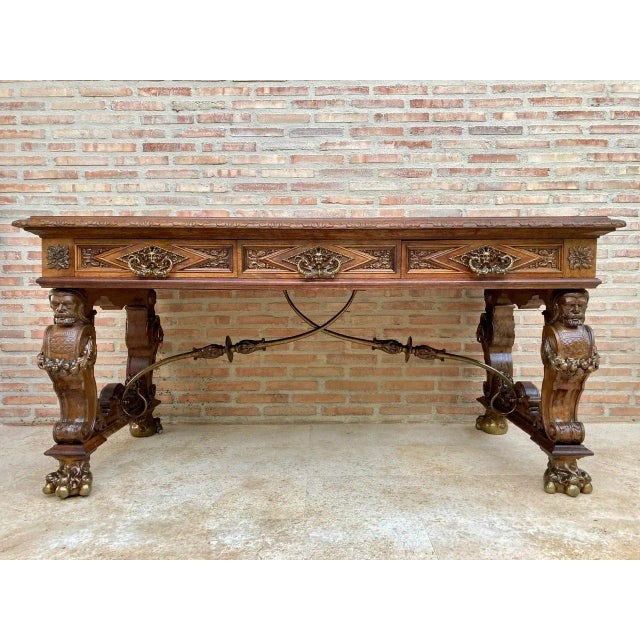 Renaissance Carved Walnut Desk with Three Drawers and Bronze Mounts, 1860s For Sale - Image 4 of 18