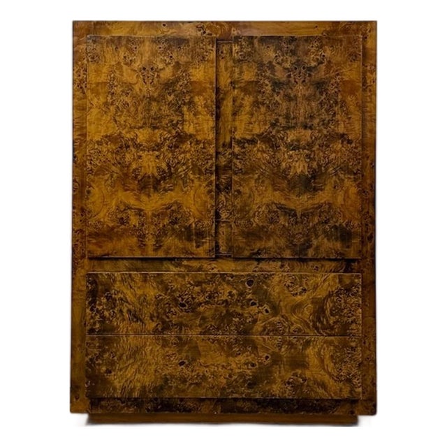 Vintage John Stuart MCM Burlwood Tallboy Armoire, Drawers and Doors, Collectable For Sale