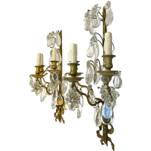 Glass Pair 1920s Large French Louis XV Style Gilt Brass and Crystal Three-Light Wall Sconces For Sale - Image 7 of 9