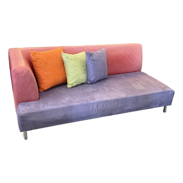 Lavender Micro-Suede + Rose Pink Leather Chaise Sofa For Sale
