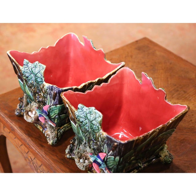 Pair of 19th Century French Barbotine Majolica Jardinières With Bird and Foliage For Sale - Image 4 of 16