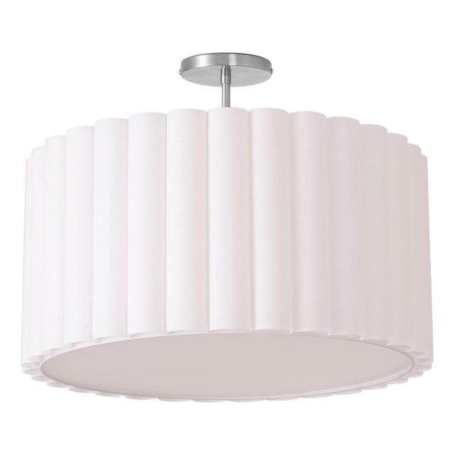 Scallop Semi-Flush Mount, Modern Design With Satin Nickel Steel & Drum White Linen Shade, 19" Dimmable Fixture For Sale