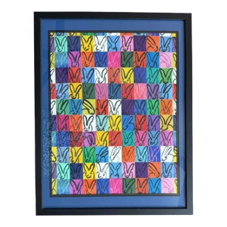 Contemporary Hunt Slonem Colorful Bunnies Repro Print Textile, Framed For Sale