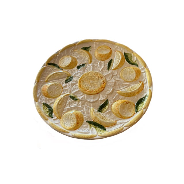Stunning vintage Portuguese ceramic pedestal cake stand featuring richly dimensional lemon slices and wedges in high...