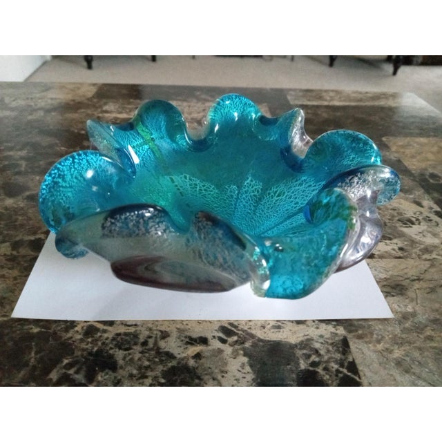 1980s 1980s Murano Italy Blue Aventurine Scalloped Art Glass Bowl For Sale - Image 5 of 6