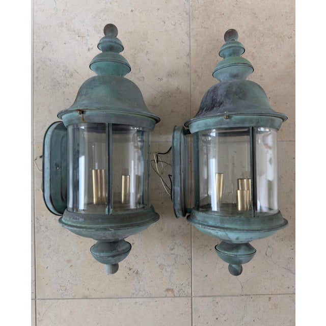 Patinated Verdigris Copper Wall Sconce Lanterns - a Pair For Sale In Washington DC - Image 6 of 13