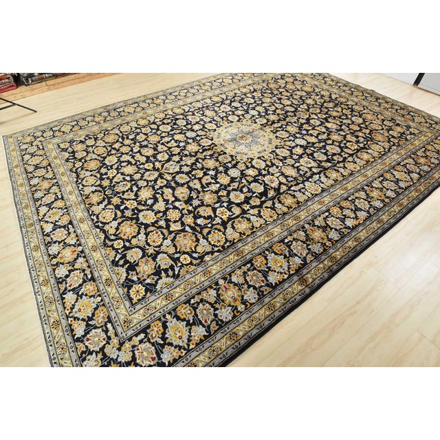 Farmhouse Kashan Rug 10'1'' X 13'7'' Blue Wool Vintage Traditional Hand-Knotted Carpet For Sale - Image 3 of 12