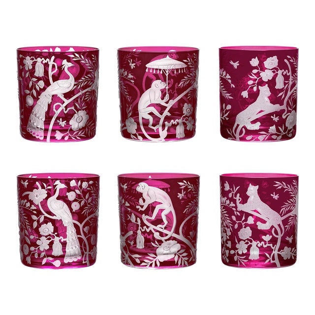 ARTEL Chinoisserie Collection Small Tumbler Glasses in Fuchsia, Set of 6 For Sale