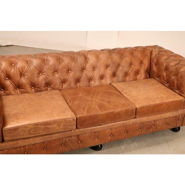 Chesterfield Style 7 Foot Distressed Brown Tufted Leather Sofa For Sale - Image 4 of 17