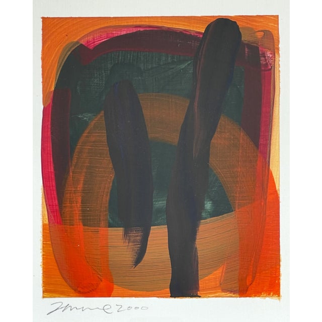 Wood 2000 Pair of Framed Abstract Expressionist Oil on Paper, Signed For Sale - Image 7 of 11