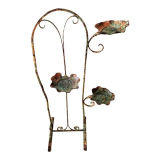 French Art Nouveau Period Antique Weathered Chippy Paint Wrought Iron Standing Tiered Candle Holder Floor Display Plant Stand Sculpture For Sale