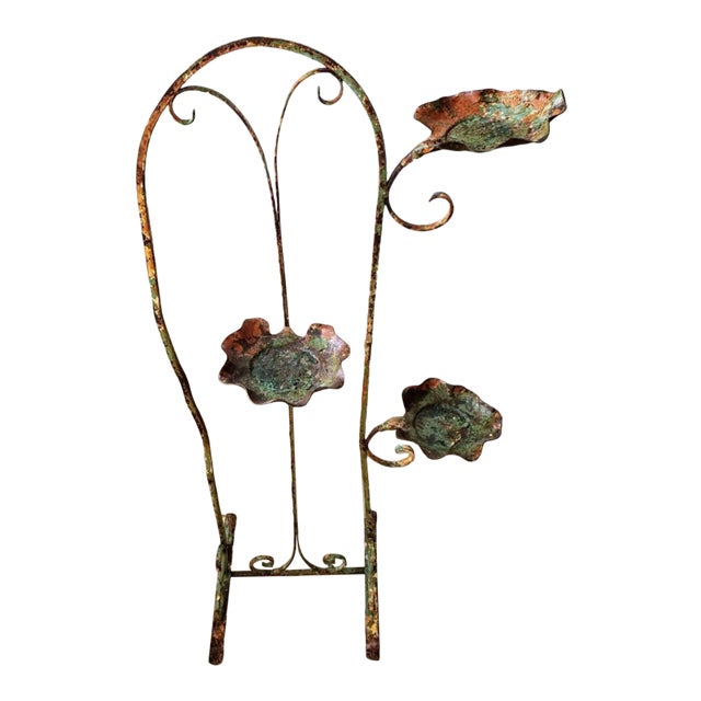French Art Nouveau Period Antique Weathered Chippy Paint Wrought Iron Standing Tiered Candle Holder Floor Display Plant Stand Sculpture For Sale